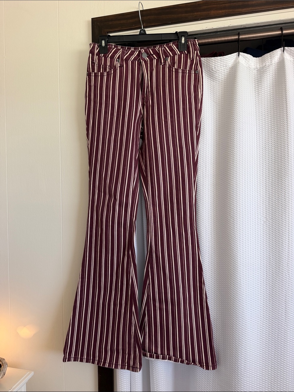 Women's Maroon & Cream Vertical Stripe Flare Jeans